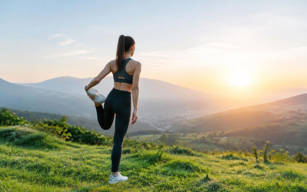 Woman stretching during an outdoor sunrise workout on a green hillside